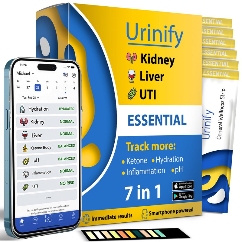 [URINIFY Essential] شرائط اختبار البول المحمولة واختبار UTI في المنزل، مجموعة اختبار الكلى في المنزل، الترطيب، شرائط اختبار الكيتو، شرائط اختبار pH، اختبار الكبد، اختبار تحليل البول، البروتين، 6 شرائط